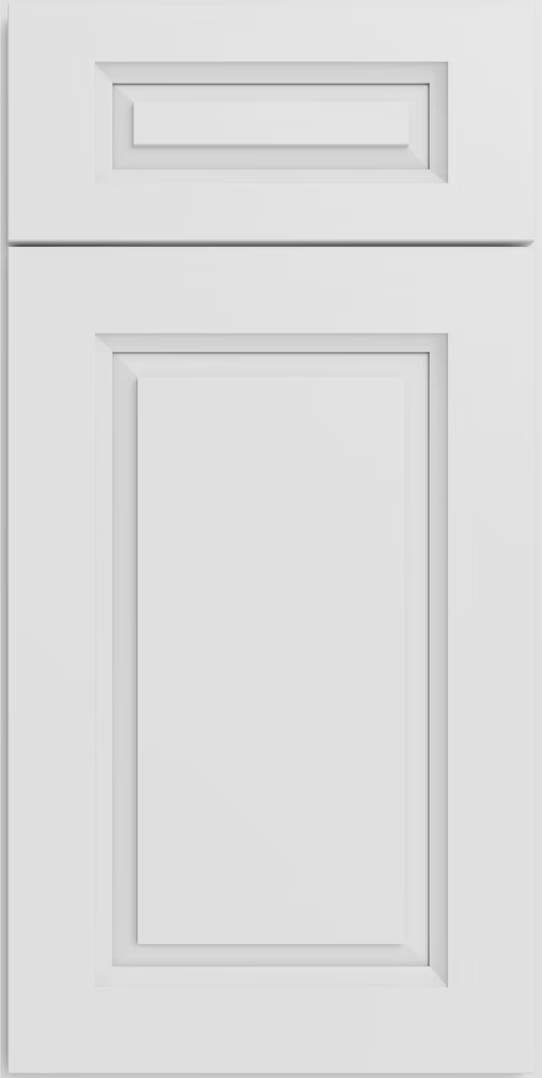White paneled door with a small top window and a large lower panel