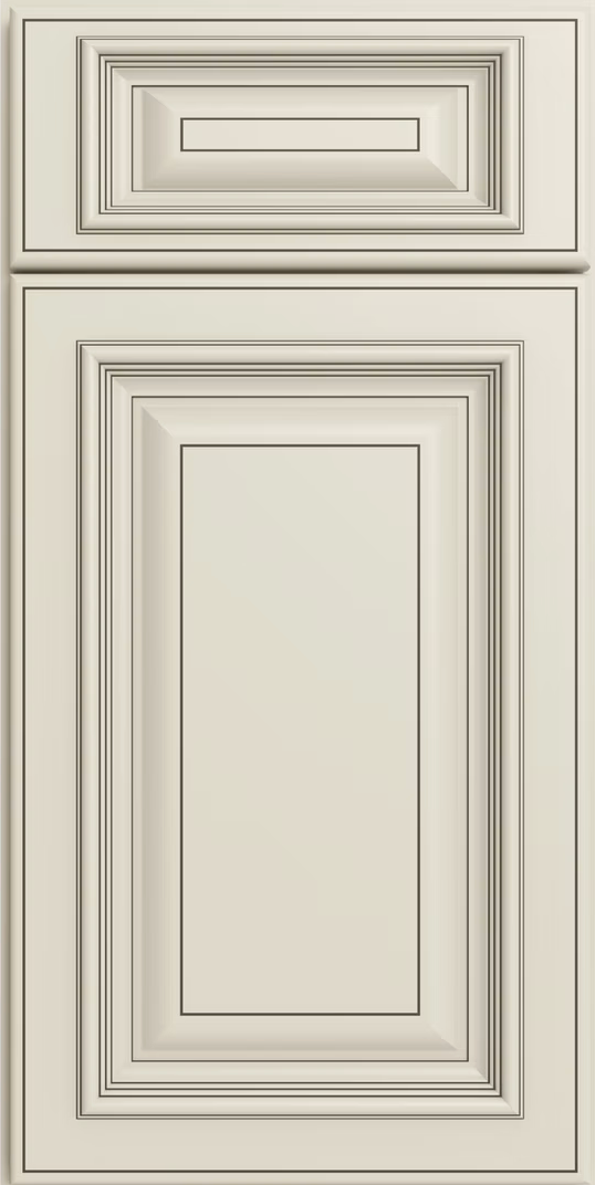 Cream-colored cabinet door with raised panel design and a small drawer above it