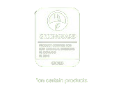 White cosmetic product label with gold accents and a circular logo, centered on a plain background