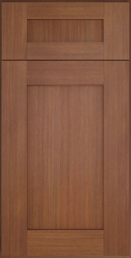Closed wooden cabinet door with vertical paneling and a small recessed top panel
