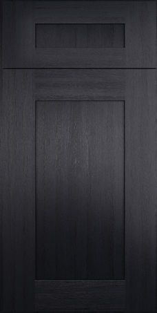 Dark charcoal cabinet door with a rectangular inset panel and small top panel