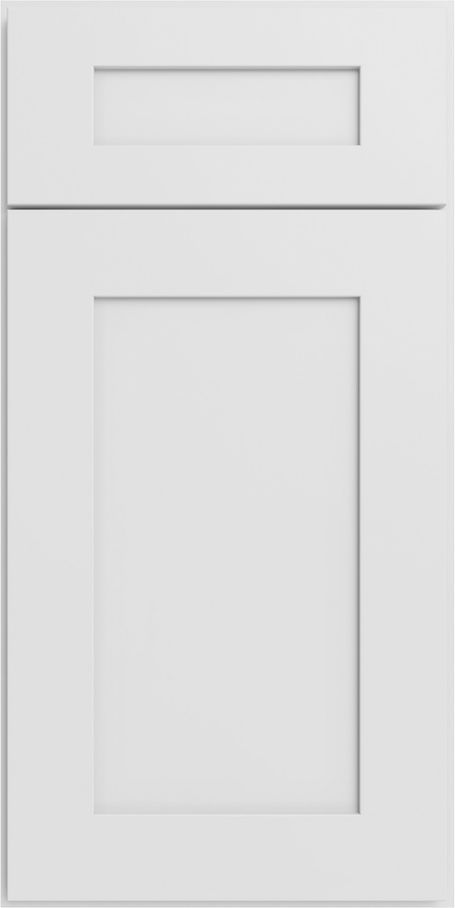 White paneled door with a small top window and a large frosted lower panel