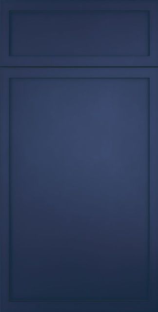Blue paneled door with a rectangular inset at the top and a larger panel below.