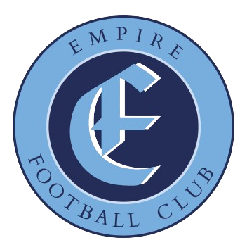 Empire Football Club circular logo in blue and white with stylized initials in the center