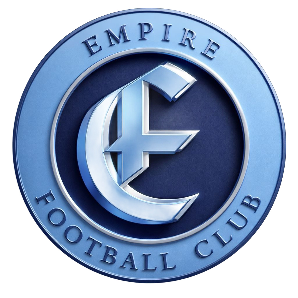 A metallic blue circular logo featuring a large, stylized letter 