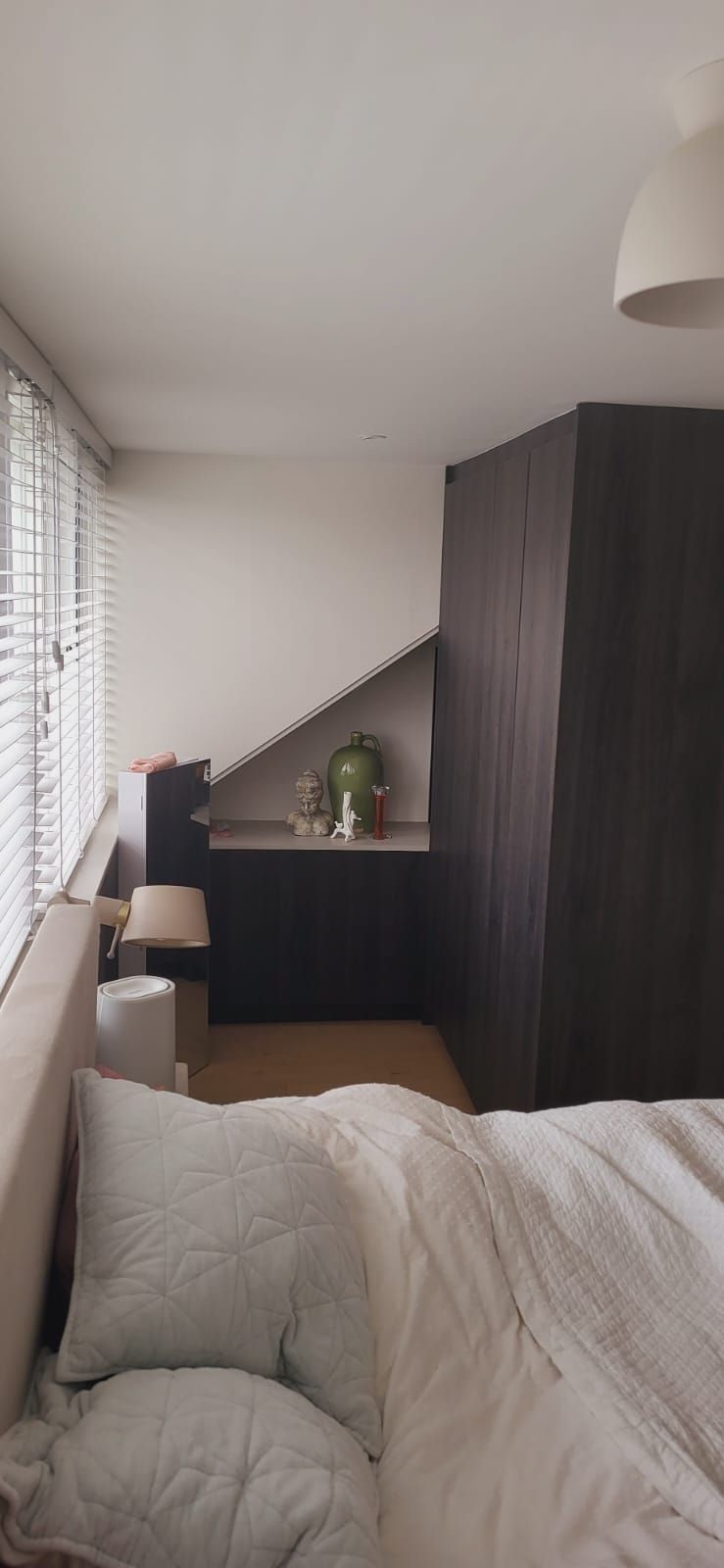 Slaapkamer met bed, kussens, ingebouwde opbergruimte, een plant en een raam met jaloezieën.
