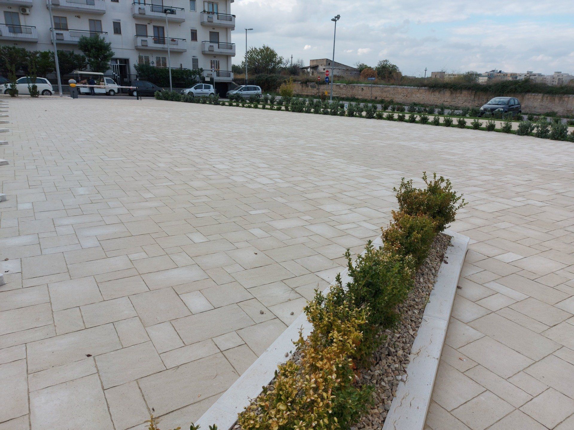 Ampia area pavimentata con una fila di arbusti e auto parcheggiate in lontananza vicino a un edificio in una giornata nuvolosa.