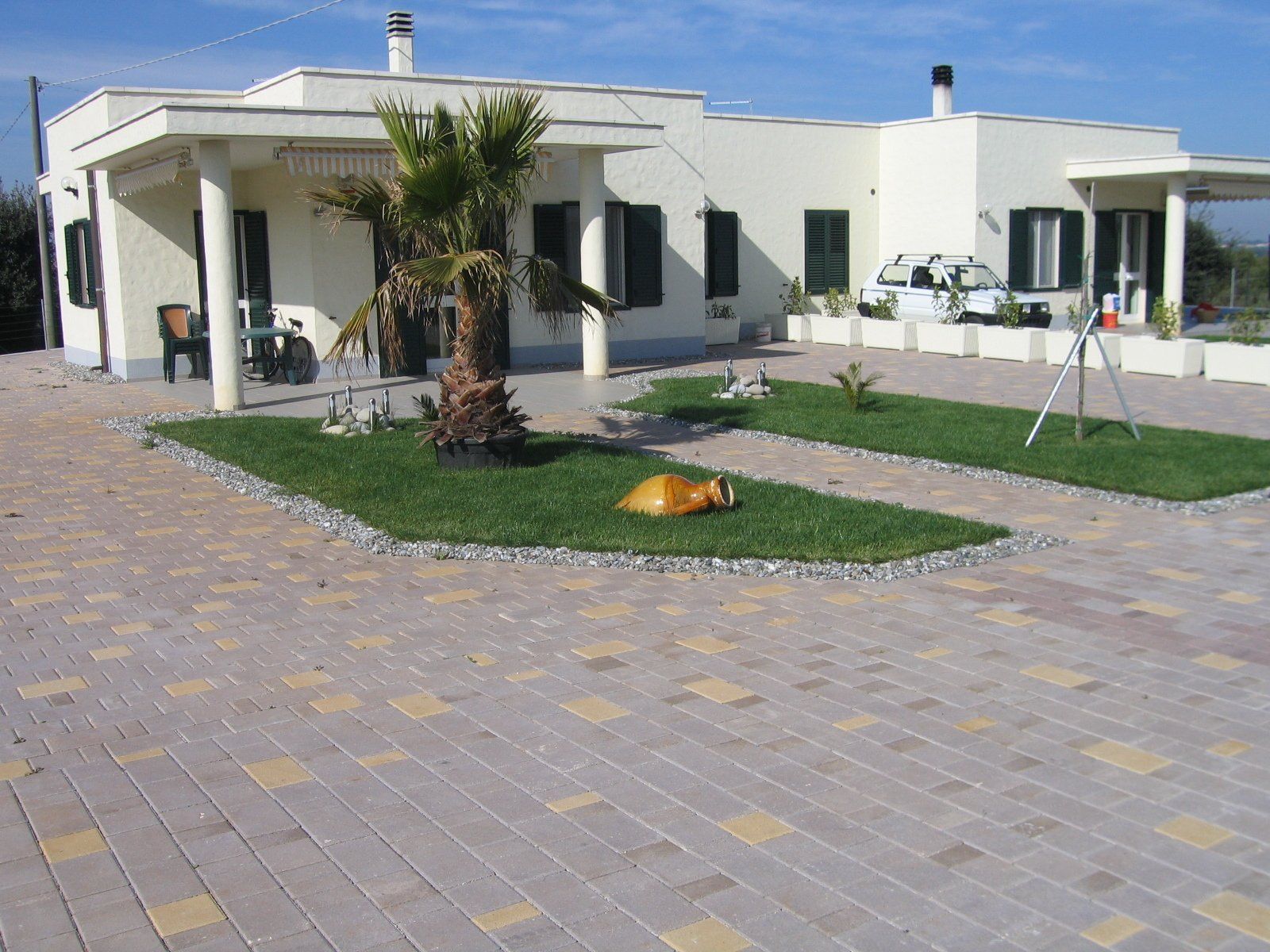 Casa con vialetto, prato e palma. Cane giallo sdraiato sull'erba. Giornata di sole.
