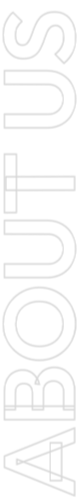 Vertical “ABOUT US” text in light gray on a white background.