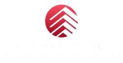 Red circular logo with white diagonal stripes resembling an upward arrow or chevron.