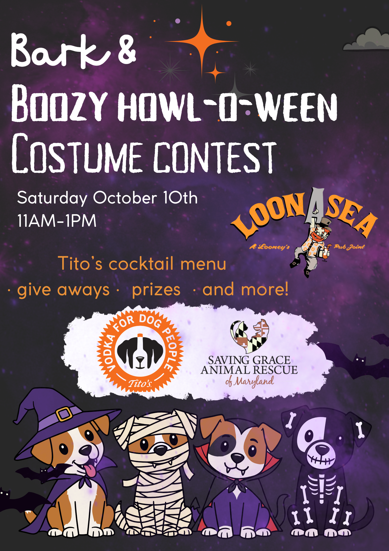 LoonAsea Bark & Boozy Howl-)-Ween costume contest flyer with cartoon pets, black-purple background, and event details.