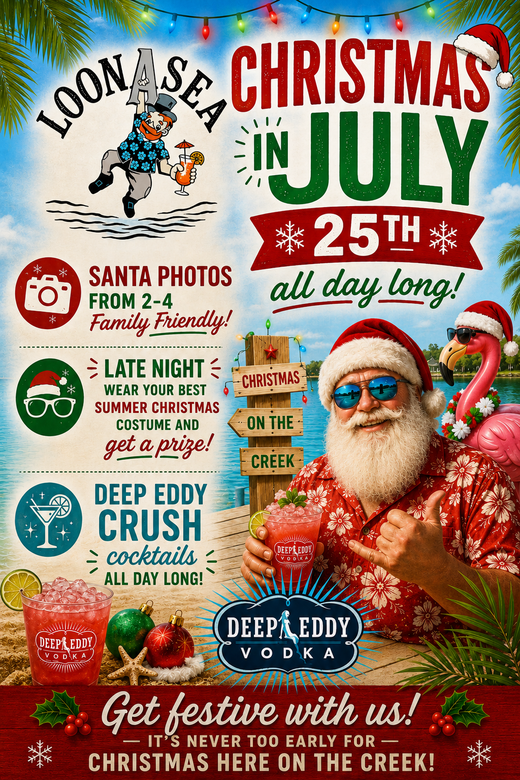 LoonAsea Christmas in July event poster with Santa, festive red-green design, and photos with Santa details