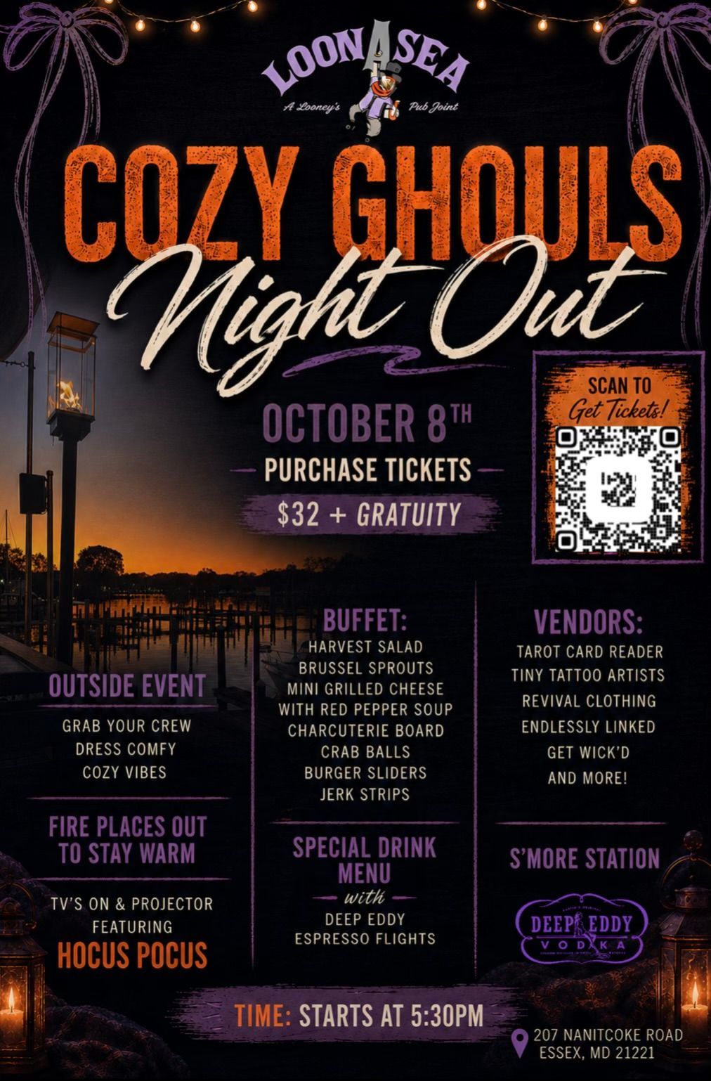 LoonaSea  Cozy Ghouls Night Out Halloween event flyer in orange and purple with event details and QR code