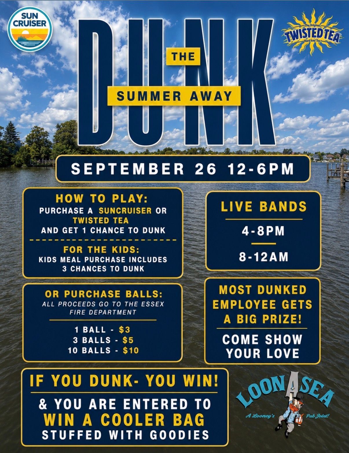 LoonAsea Dunkin’ Summer Away event flyer with games, live bands, Sept. 26, 12–6 PM, and Dunkin’ gift card prizes