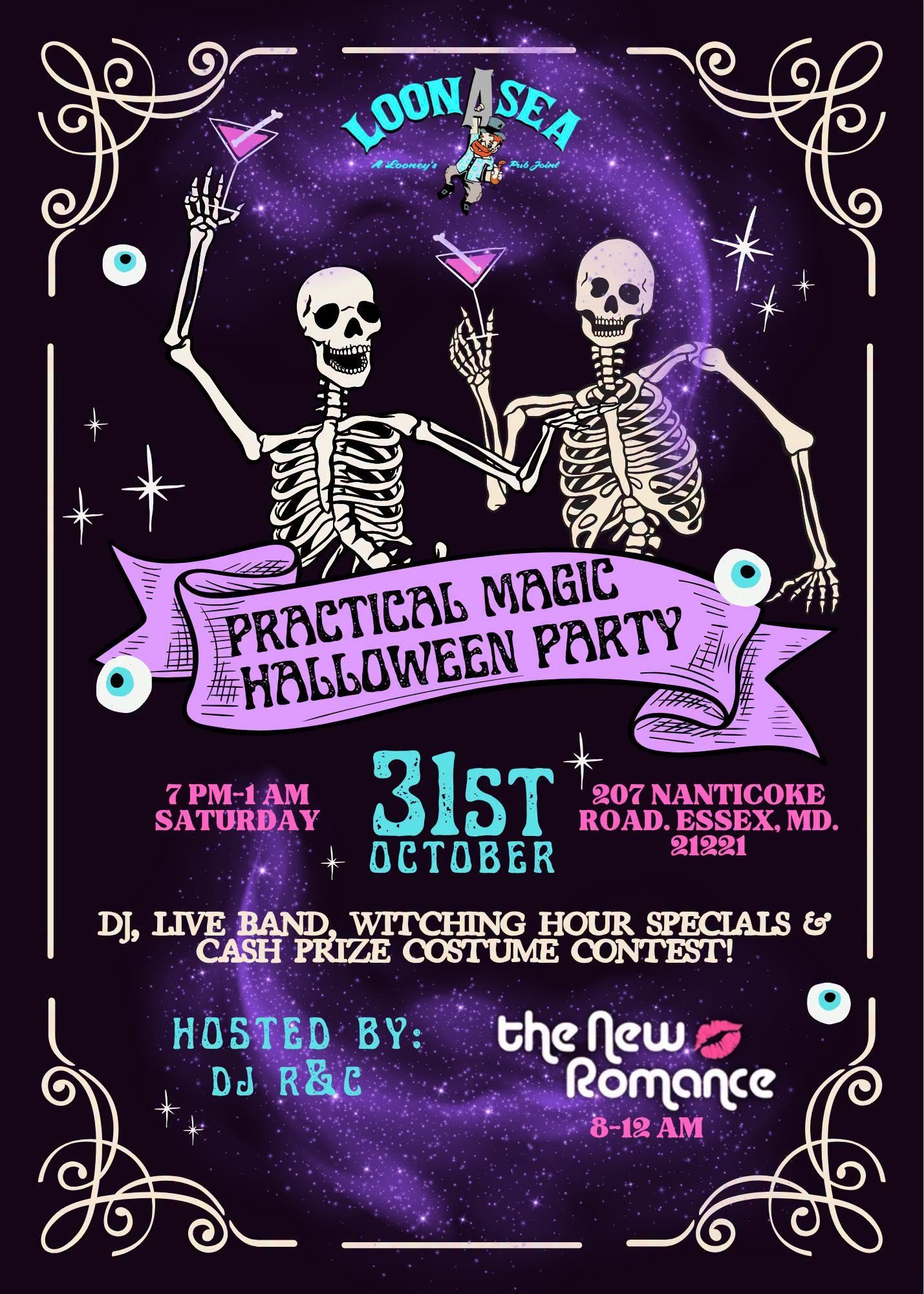 LoonAsea: Skeletons with purple banner for “Practical Magic Halloween Party,” Oct. 31, at a goth club event poster