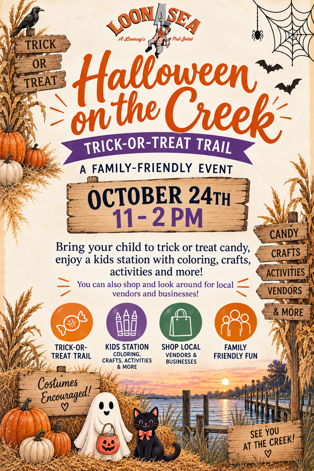 LoonAsea Flyer: Halloween on the Creek trick-or-treat trail event poster with pumpkins, ghosts, and fall leaves