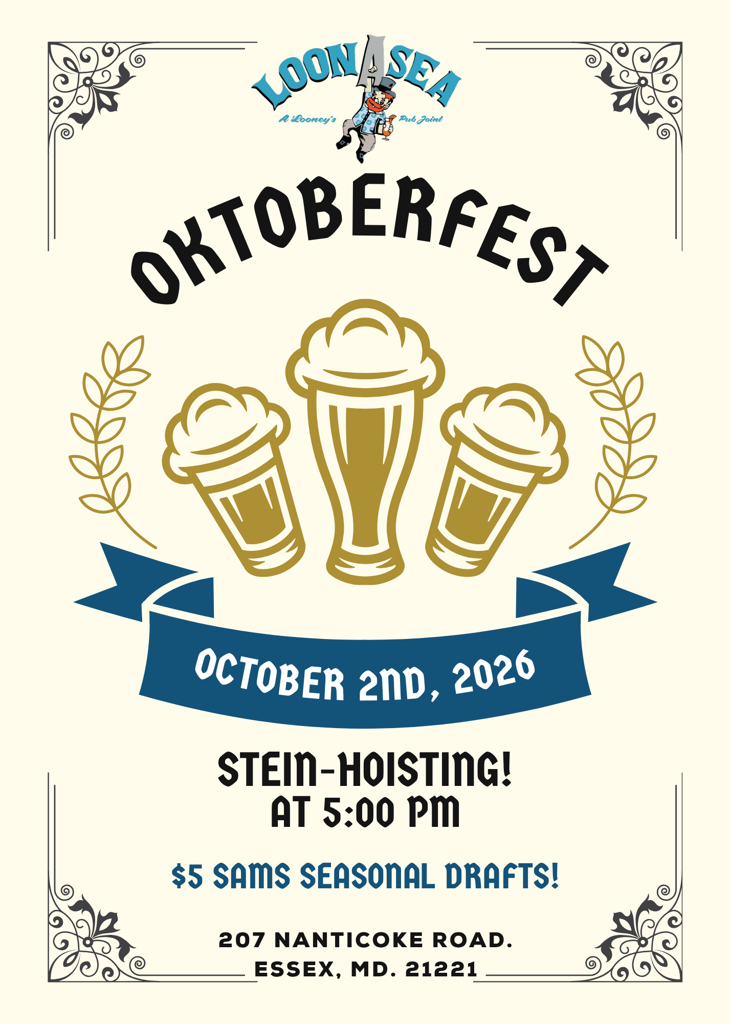 LoonAsea Oktoberfest flyer with beer mugs, gold leaves, and October 2nd, 2026 at 5 PM at St. Anne's School.
