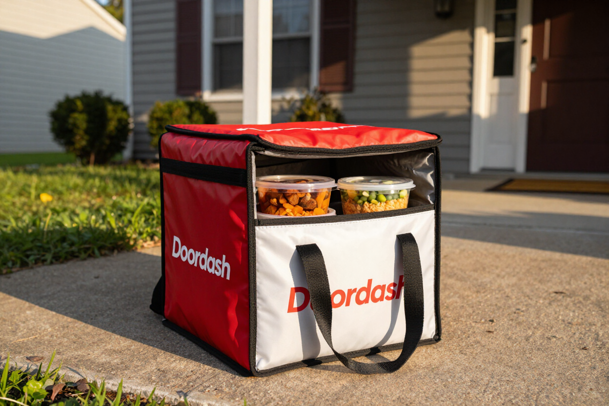 DoorDash delivery bag at a New Jersey doorstep