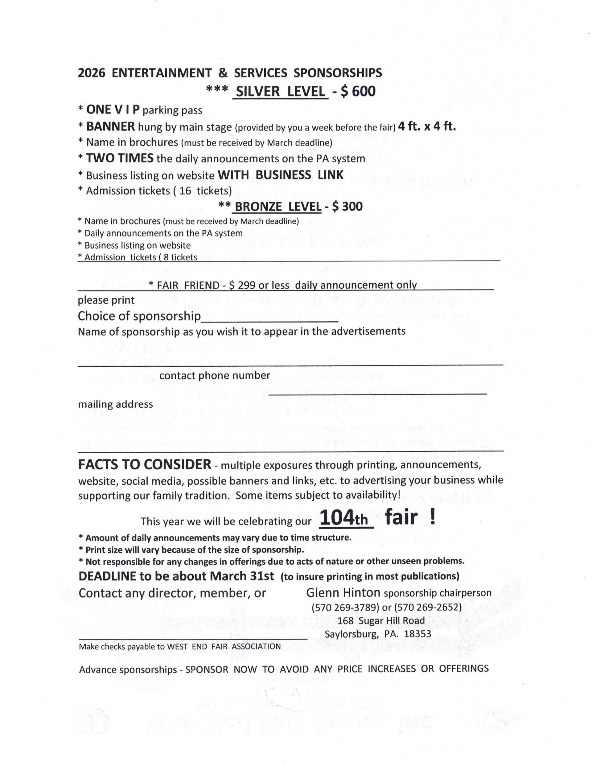 West End Fair Sponsor Form Back