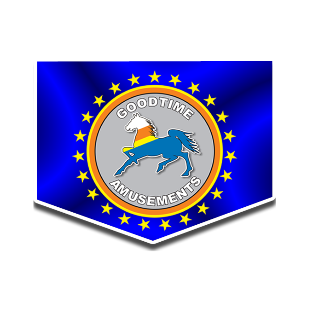 The logo for goodtime amusements has a horse in a circle with stars around it.