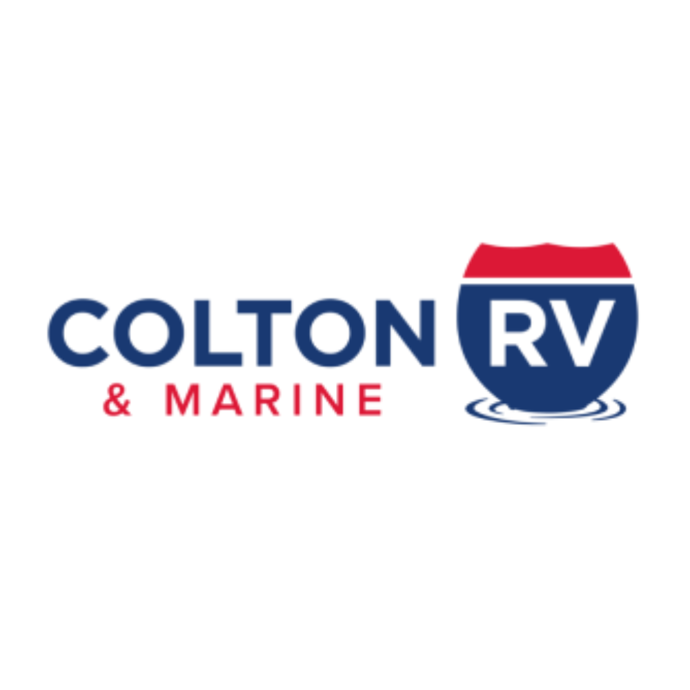 A logo for colton rv and marine with a highway sign
