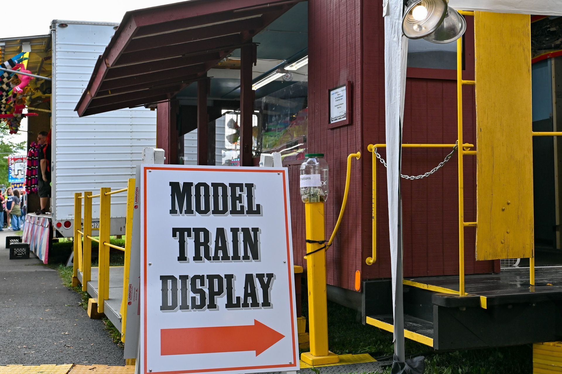 A model train display sign with an arrow pointing to the right