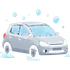 Gray car with water splashes and droplets, suggesting a car wash or rainy driving scene