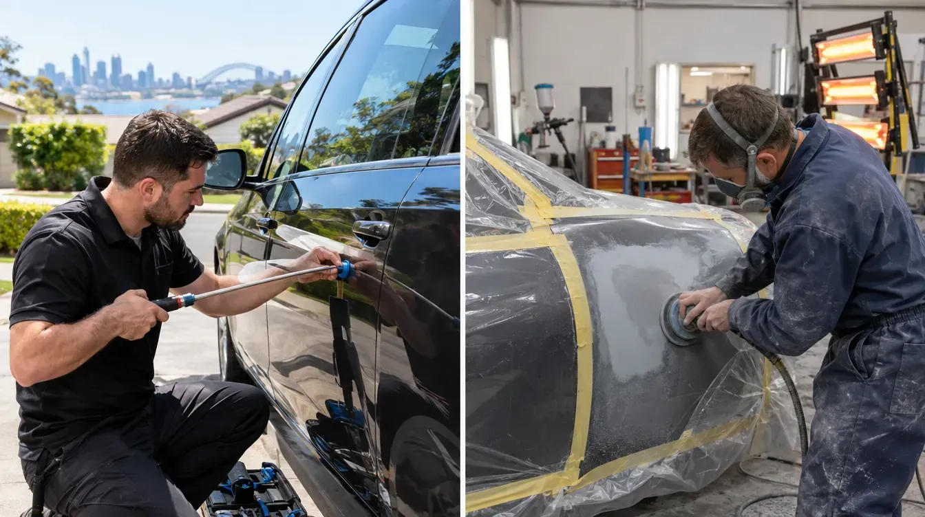 Two auto detailers polishing a black vehicle, one outdoors by a city skyline and one in a garage with masking tape.