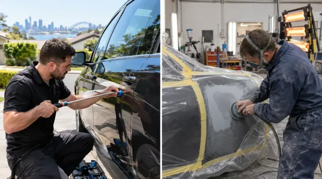 Two auto detailers polishing a black vehicle, one outdoors by a city skyline and one in a garage with masking tape.