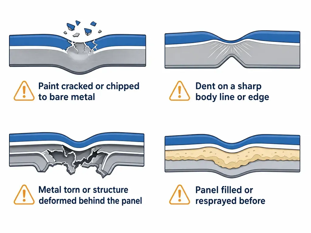 Car body damage examples with four panels showing paint chips, dents, torn metal, and previous filler/repaint signs