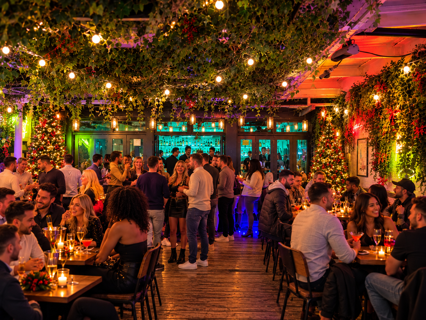 Christmas lights and festive party in The Yard courtyard, Soho