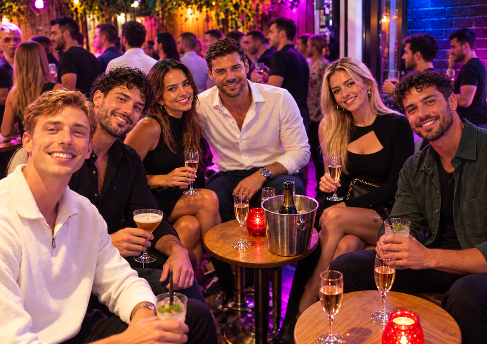 A small group of friends having a birthday celebration in the Loft Bar