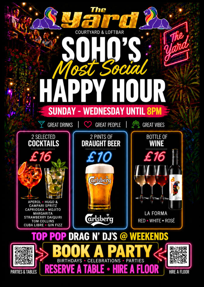 Happy Hour at The Yard Bar Soho, Sunday to Wednesday until 8pm