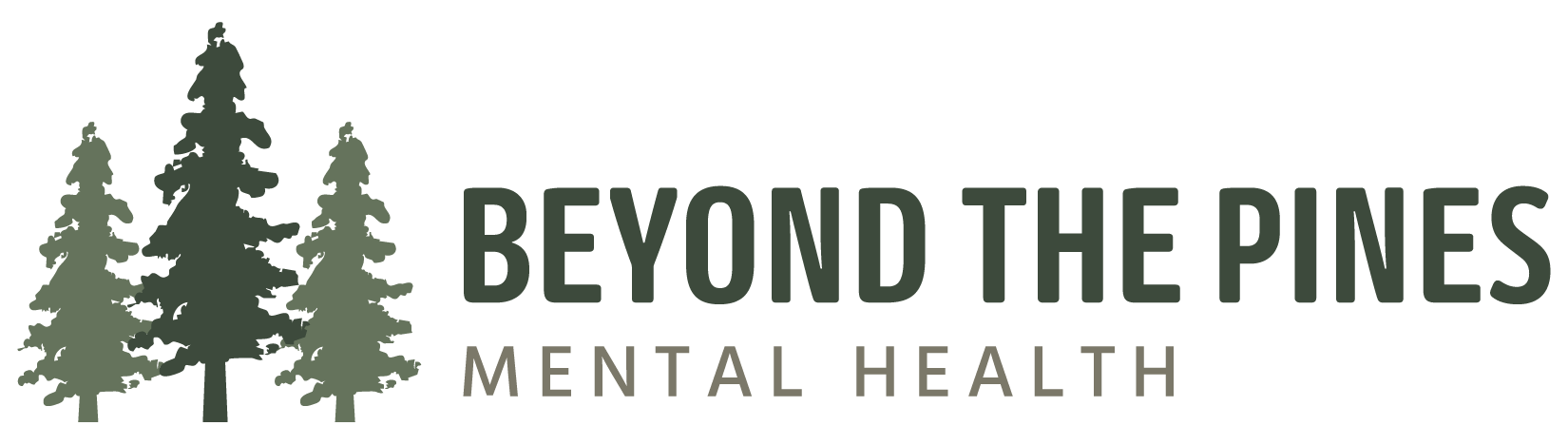 Logo featuring three green pine trees next to the text "BEYOND THE PINES" in dark green and "MENTAL HEALTH" in grey.