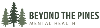 Logo featuring three green pine trees next to the text "BEYOND THE PINES" in dark green and "MENTAL HEALTH" in grey.
