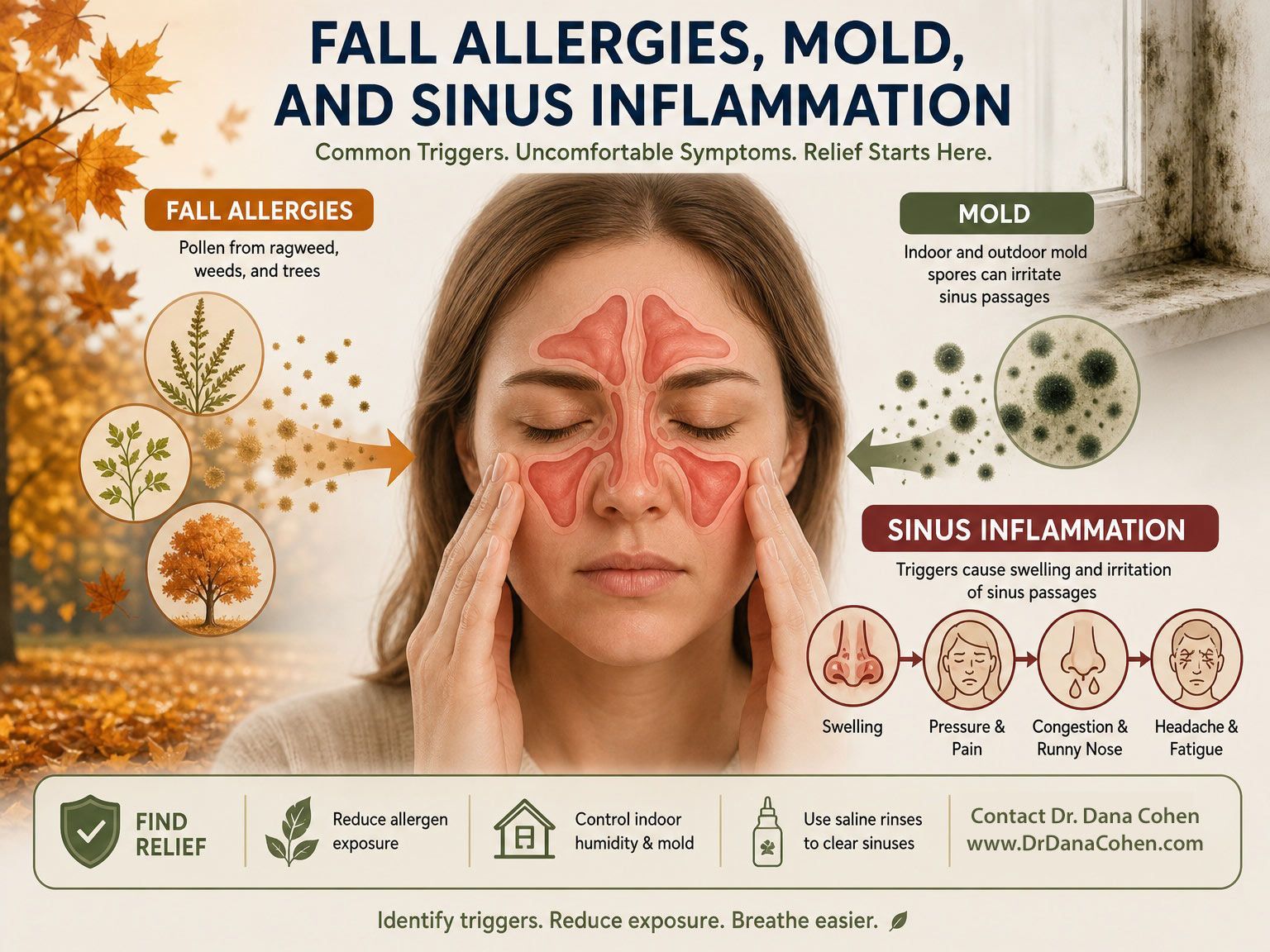 Infographic on fall allergies, mold, and sinus inflammation with a woman holding her face and season