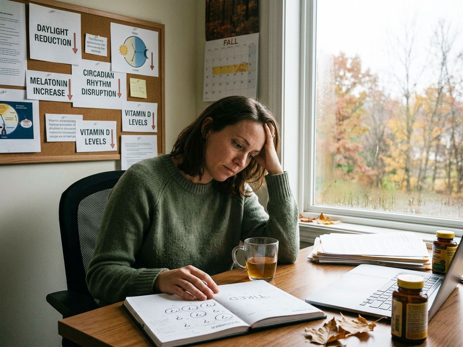 Person with Fall Fatigue and Seasonal Energy Drops writing in a notebook at a desk by a window.