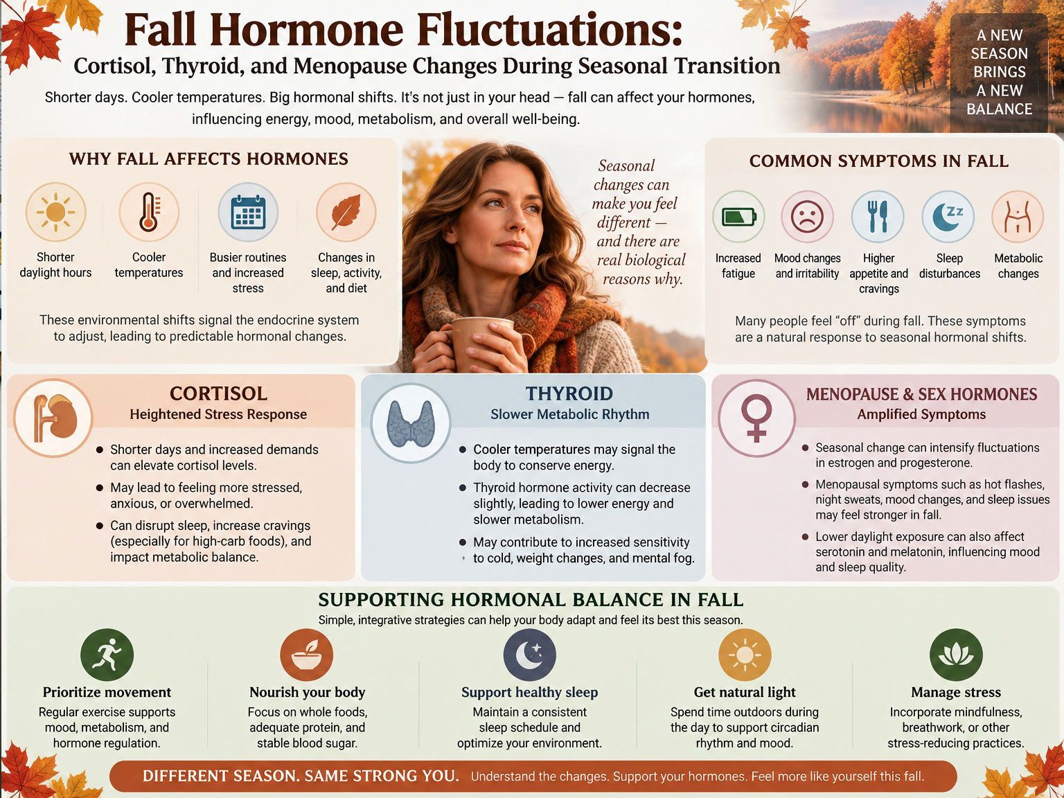 Infographic on fall hormone fluctuations, with symptoms, causes, and support tips in warm autumn colors