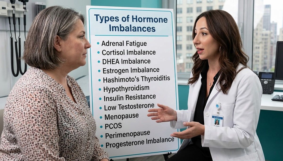 Dr. Dana Cohen is showing a patient a chart of hormone imbalance treatments NYC