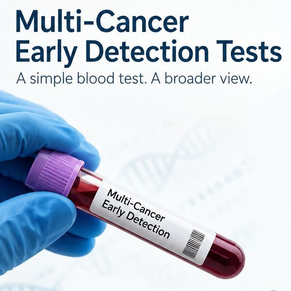 Gloved hand holding blood vial labeled “Multi-Cancer Early Detection,” with text on screening tests.