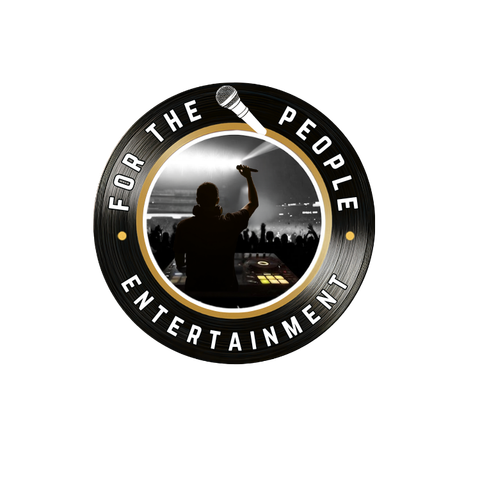 Logo: Arm holding microphone over a crowd, dark blue circle, 