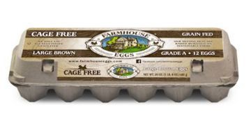 A carton of 12 FARMHOUSE EGGS® Cage Free Brown Eggs in a paper carton.
