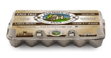 A carton of 18 FARMHOUSE EGGS® Cage Free Brown Eggs in a paper carton.
