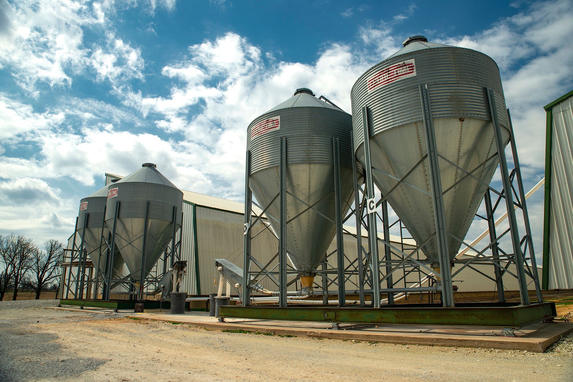 Four large silver grain silos standing in front of a barn on a poultry farm under a partly cloudy sky.