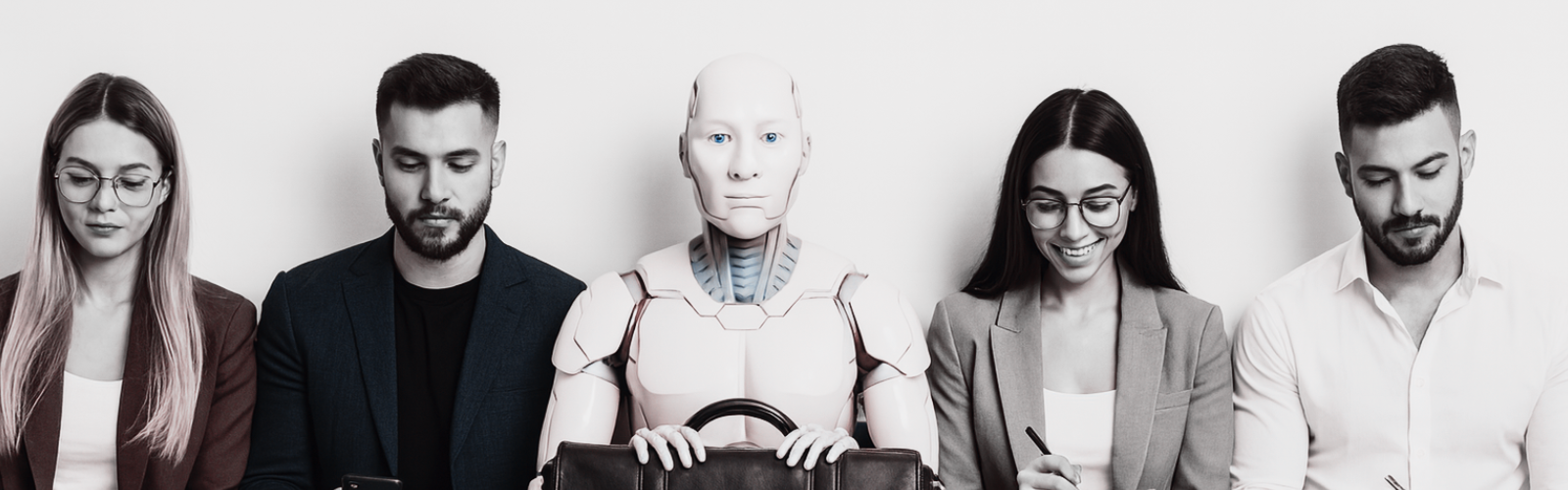 A modern interview lineup featuring applicants seated beside a humanoid robot, symbolising AI-driven