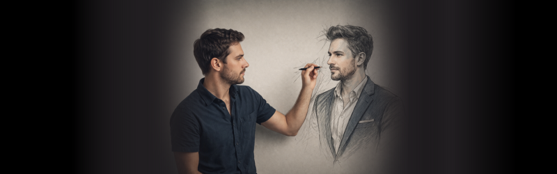 Man sketching an idealised version of himself, showing the gap between perception and reality
