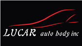 Logo for Lucar auto body: Red car outline, black text "LUCAR auto body."