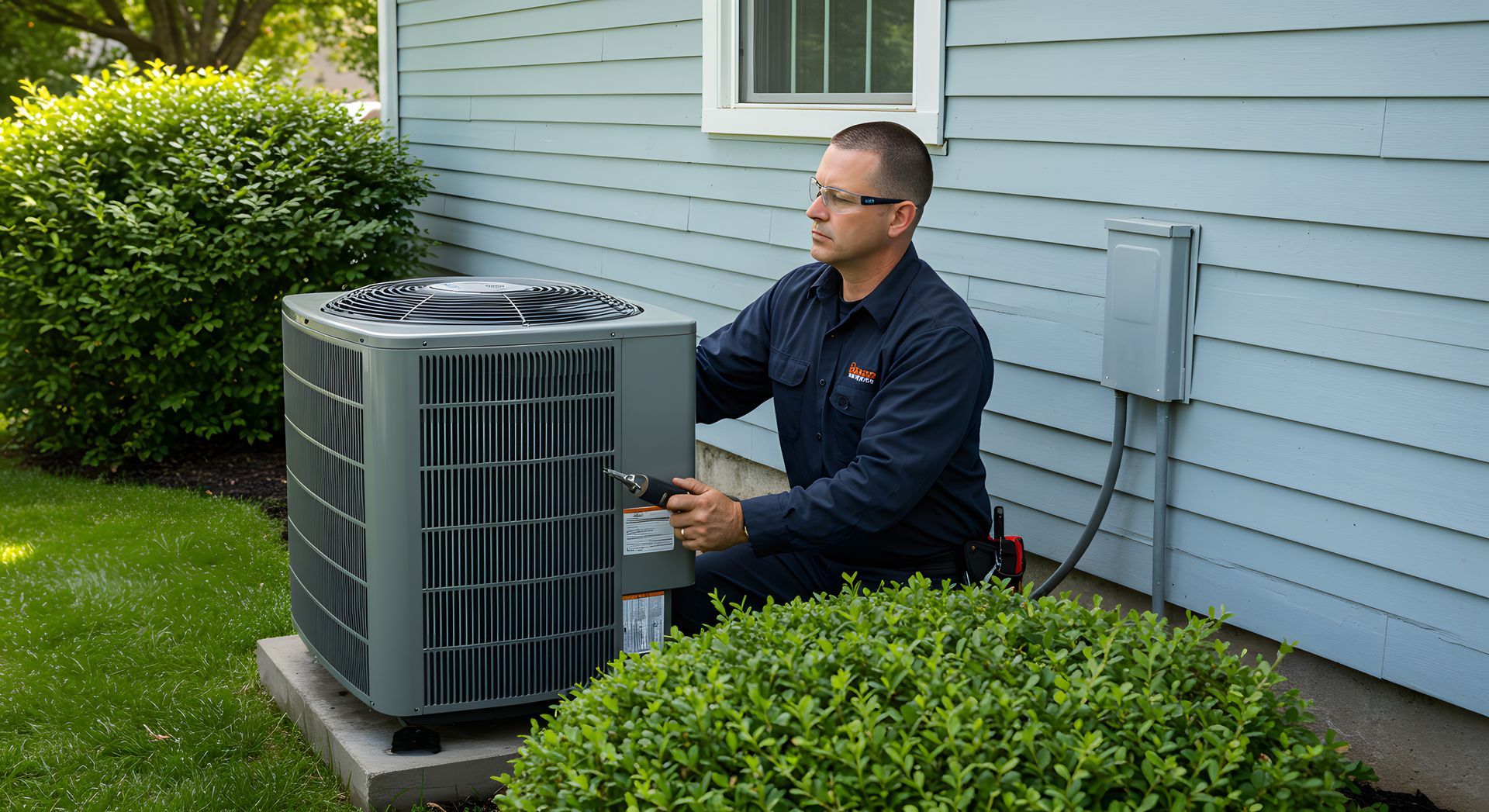 HVAC technician inspecting and servicing an outdoor air conditioning condenser unit at a residential