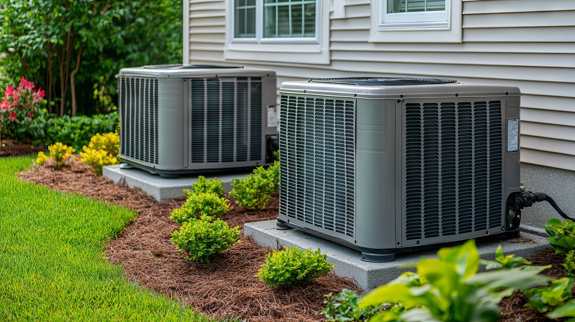 Two residential central air conditioning condenser units installed on concrete pads beside a home wi