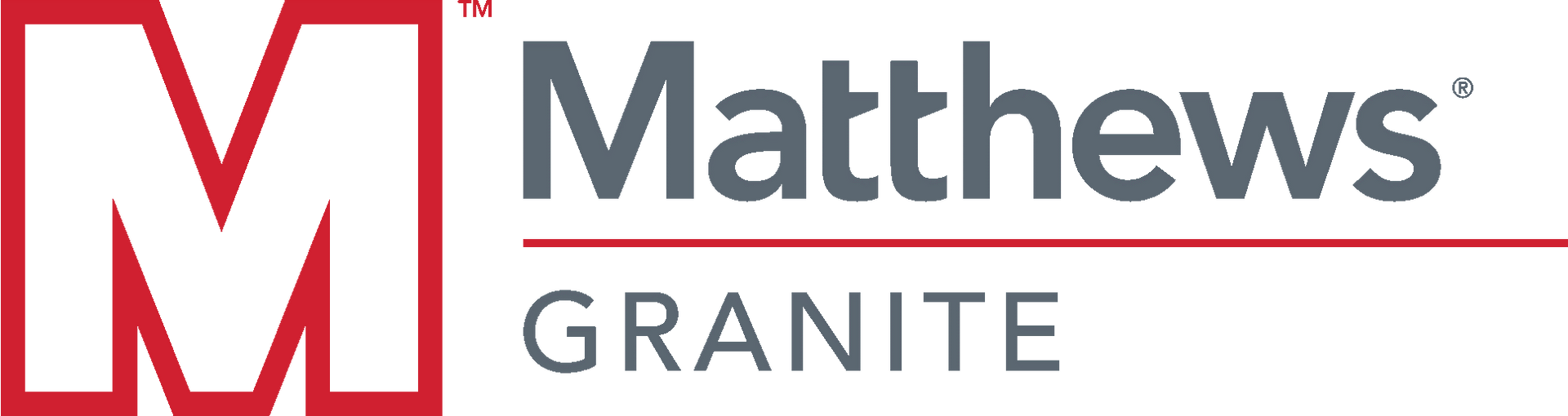 a logo for matthews granite with a red m on a white background